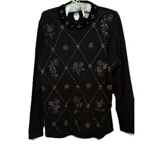 Victoria Jones Vintage Beaded Sweater Black Size Petite Medium Silver Flowers